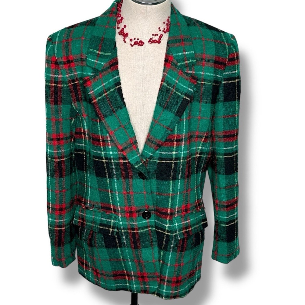 Pendleton Blazer 10 Green Red Plaid 100%‎ Virgin Wool USA Made Vintage Classic